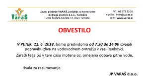 Obvestilo Varaš d.o.o. o moteni oskrbi z vodo v Renkovcih